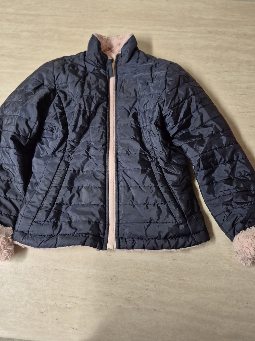 Girls' Navy Puffer Jacket with Pink Trim